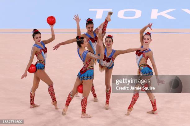 Team Uzbekistan competes during the Group All-Around Qualification on day fifteen of the Tokyo 2020 Olympic Games at Ariake Gymnastics Centre on...