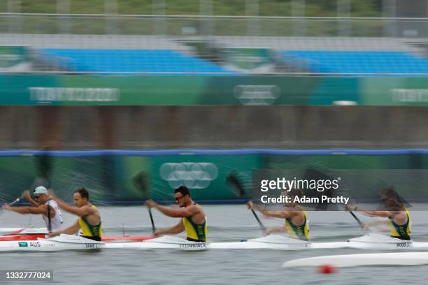 Lachlan Tame, Riley Fitzsimmons, Murray Stewart and Jordan Wood of Team Australia compete during the Men's Kayak Four 500m Semi-final 2 on day...