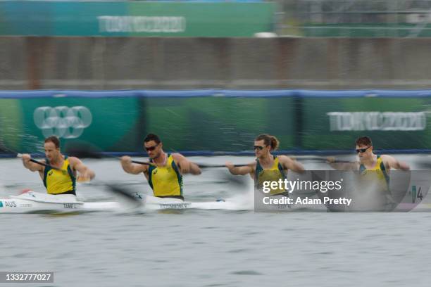 Lachlan Tame, Riley Fitzsimmons, Murray Stewart and Jordan Wood of Team Australia compete during the Men's Kayak Four 500m Semi-final 2 on day...