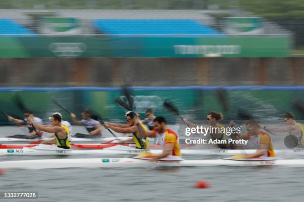 Lachlan Tame, Riley Fitzsimmons, Murray Stewart and Jordan Wood of Team Australia compete during the Men's Kayak Four 500m Semi-final 2 on day...