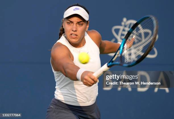 Ana Konjuh of Croatia returns a shot to Shuai Zhang of China during their quarterfinal match on Day 5 of the Mubadala Silicon Valley Classic at...