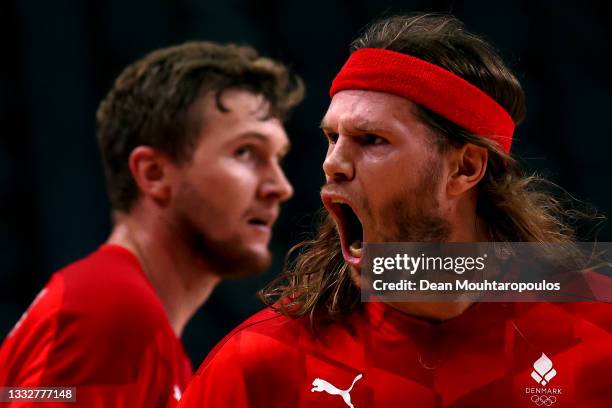 Mikkel Hansen of Team Denmark celebrates after scoring a goal during the Men's Semifinal handball match between Spain and Denmark on day thirteen of...