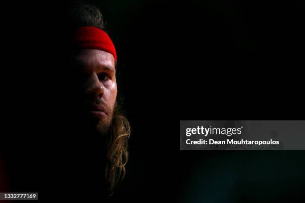 Mikkel Hansen of Team Denmark looks on during the Men's Semifinal handball match between Spain and Denmark on day thirteen of the Tokyo 2020 Olympic...