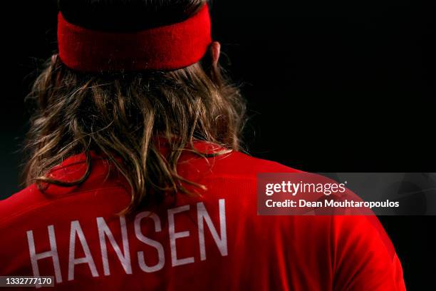 Mikkel Hansen of Team Denmark looks on during the Men's Semifinal handball match between Spain and Denmark on day thirteen of the Tokyo 2020 Olympic...