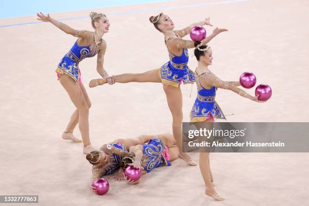 Team ROC competes during the Group All-Around Qualification on day fifteen of the Tokyo 2020 Olympic Games at Ariake Gymnastics Centre on August 07,...