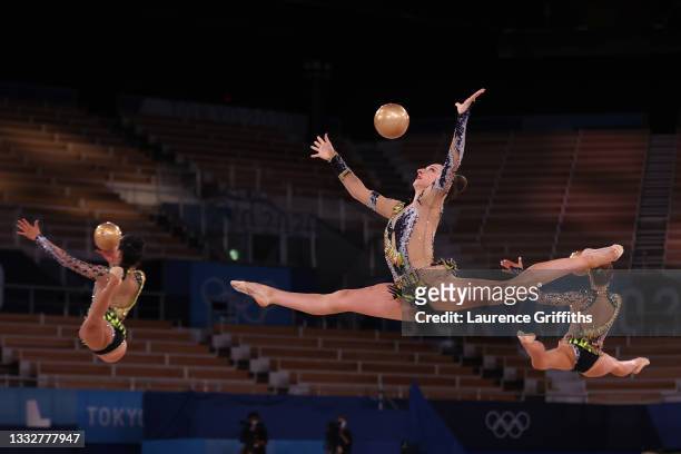 Team United States competes during the Group All-Around Qualification on day fifteen of the Tokyo 2020 Olympic Games at Ariake Gymnastics Centre on...