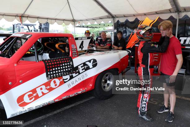 Bo LeMastus and Jacob Abel prepare to race during the free practice session of the Music City Grand Prix at Nissan Stadium on August 06, 2021 in...
