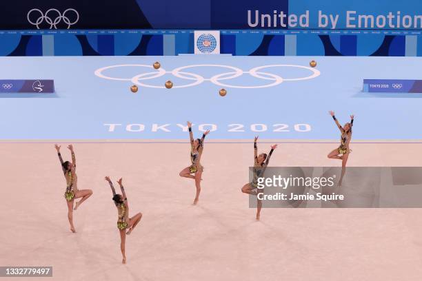 Team United States competes during the Group All-Around Qualification on day fifteen of the Tokyo 2020 Olympic Games at Ariake Gymnastics Centre on...