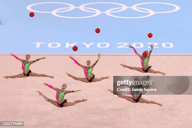 Team Japan competes during the Group All-Around Qualification on day fifteen of the Tokyo 2020 Olympic Games at Ariake Gymnastics Centre on August...