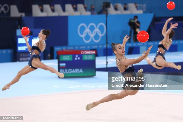 Team Bulgaria competes during the Group All-Around Qualification on day fifteen of the Tokyo 2020 Olympic Games at Ariake Gymnastics Centre on August...
