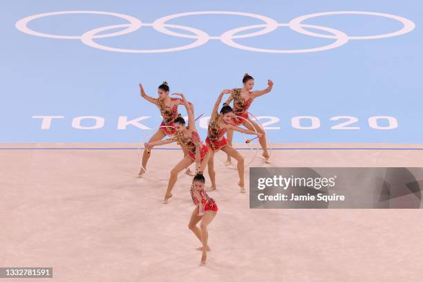 Team China competes during the Group All-Around Qualification on day fifteen of the Tokyo 2020 Olympic Games at Ariake Gymnastics Centre on August...