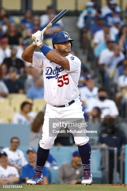 Albert Pujols of the Los Angeles Dodgers at bat against the Los Angeles Angels during the first inning at Dodger Stadium on August 06, 2021 in Los...