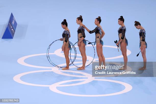 Team Australia competes during the Group All-Around Qualification on day fifteen of the Tokyo 2020 Olympic Games at Ariake Gymnastics Centre on...