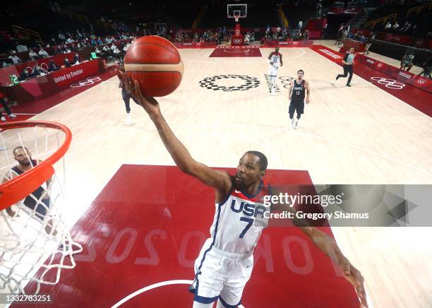Kevin Durant of Team United States goes up for a shot against Team France during the first half of a Men's Basketball Finals game on day fifteen of...