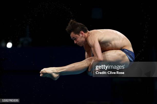 Thomas Daley of Team Great Britain competes in the Men's 10m Platform Semifinal on day fifteen of the Tokyo 2020 Olympic Games at Tokyo Aquatics...