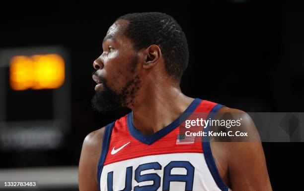 Kevin Durant of Team United States looks on against Team France during the first half of a Men's Basketball Finals game on day fifteen of the Tokyo...