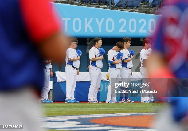 Xxx during the bronze medal game between Dominican Republic and Republic of Korea on day fifteen of the Tokyo 2020 Olympic Games at Yokohama Baseball...