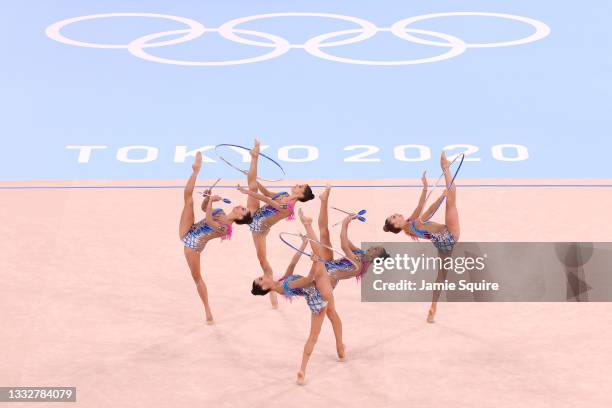 Team Italy competes during the Group All-Around Qualification on day fifteen of the Tokyo 2020 Olympic Games at Ariake Gymnastics Centre on August...