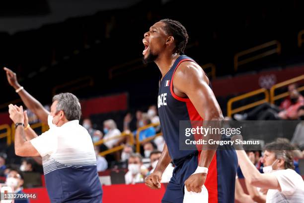 Guerschon Yabusele of Team France cheers on his teammates from the bench during the first half of a Men's Basketball Finals game between Team United...