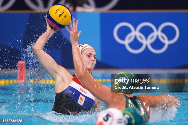 Brigitte Sleeking of Team Netherlands is challenged by Bronte Halligan of Team Australia during the Women’s Classification 5th-6th match between...