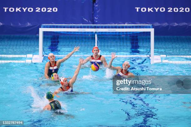 Hannah Buckling of Team Australia takes a shot at goal while goalkeeper Debby Willemsz of Team Netherlands defends during the Women’s Classification...