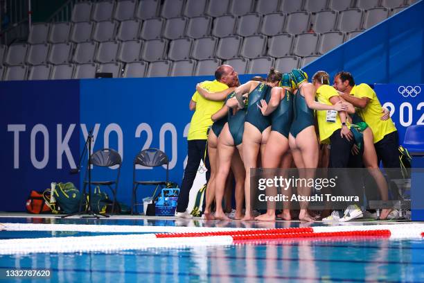 Team Australia form a huddle during the Women’s Classification 5th-6th match between Netherlands and Australia on day fifteen of the Tokyo 2020...