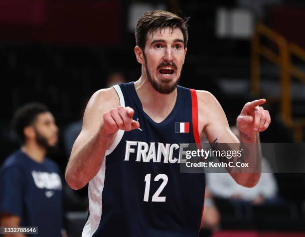 Nando de Colo of Team France signals to his teammates during the second half of a Men's Basketball Finals game between Team United States and Team...