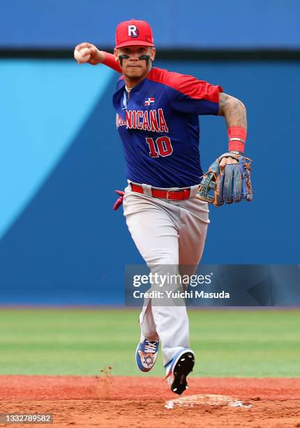 Infielder Jeison Guzman of Team Dominican Republic throws to the first base to make a double play in the third inning against Team Republic of Korea...