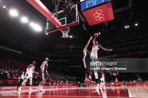 Kevin Durant of Team United States goes up for a dunk against Rudy Gobert of Team France during the second half of a Men's Basketball Finals game on...