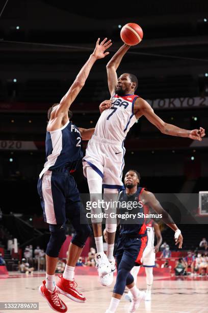Kevin Durant of Team United States goes up for a dunk against Rudy Gobert of Team France during the second half of a Men's Basketball Finals game on...