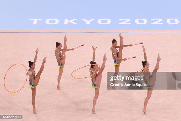 Team United States competes during the Group All-Around Qualification on day fifteen of the Tokyo 2020 Olympic Games at Ariake Gymnastics Centre on...