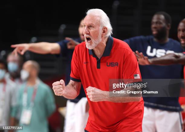 Team United States Head Coach Gregg Popovich cheers on his team during the second half of a Men's Basketball Finals game between Team United States...