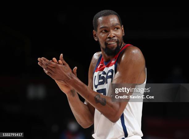 Kevin Durant of Team United States reacts during the second half of a Men's Basketball Finals game between Team United States and Team France on day...