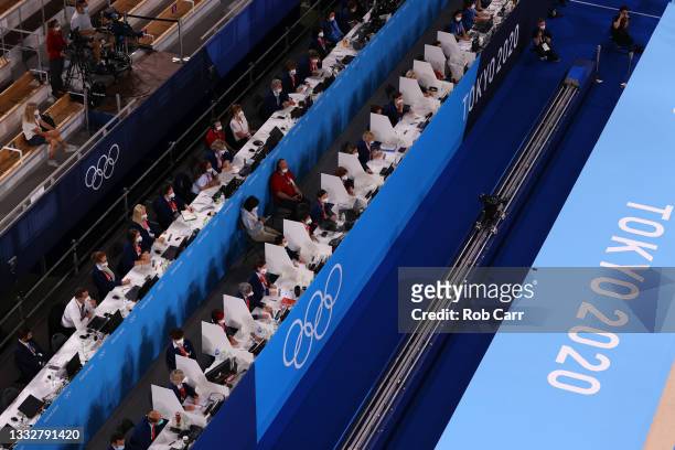 Judges look on during the Group All-Around Qualification on day fifteen of the Tokyo 2020 Olympic Games at Ariake Gymnastics Centre on August 07,...