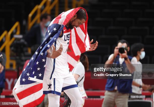 Kevin Durant of Team United States celebrates the United States' win over France in the Men's Basketball Finals game on day fifteen of the Tokyo 2020...