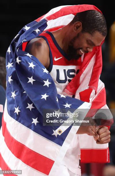 Kevin Durant of Team United States celebrates the United States' win over France in the Men's Basketball Finals game on day fifteen of the Tokyo 2020...