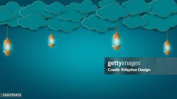islamic background in the clouds of the night sky. background for eid mubarak, ramadan kareem, eid al adha, eidl al fitrah and muharram . paper cut style - ashura muharram stock illustrations