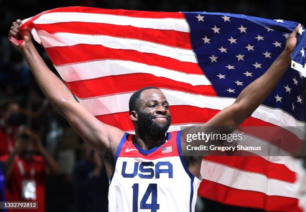 Draymond Green of Team United States celebrates following the United States' victory over France in the Men's Basketball Finals game on day fifteen...