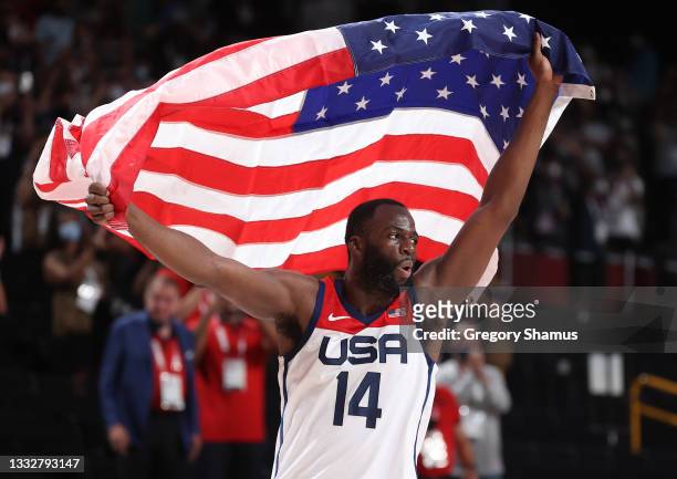 Draymond Green of Team United States celebrates following the United States' victory over France in the Men's Basketball Finals game on day fifteen...