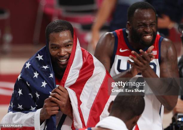 Kevin Durant and Draymond Green of Team United States celebrate following the United States' victory over France in the Men's Basketball Finals game...