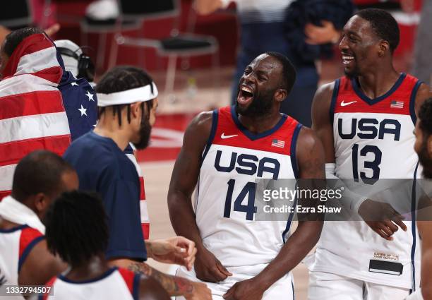 Draymond Green and Bam Adebayo of Team United States celebrate following the United States' victory over France in the Men's Basketball Finals game...