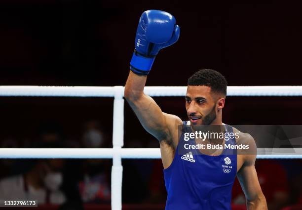 Galal Yafai of Team Great Britain celebrates winning a goal medal in the Men's Fly Final bout between Carlo Paalam of Team Philippines and Galal...