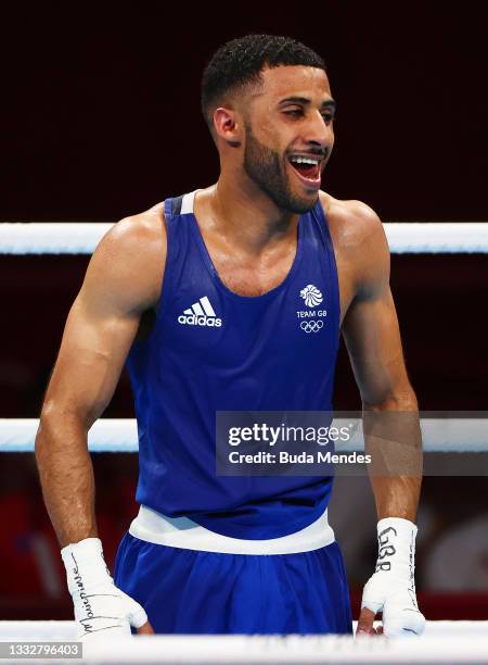 Galal Yafai of Team Great Britain celebrates winning a goal medal in the Men's Fly Final bout between Carlo Paalam of Team Philippines and Galal...