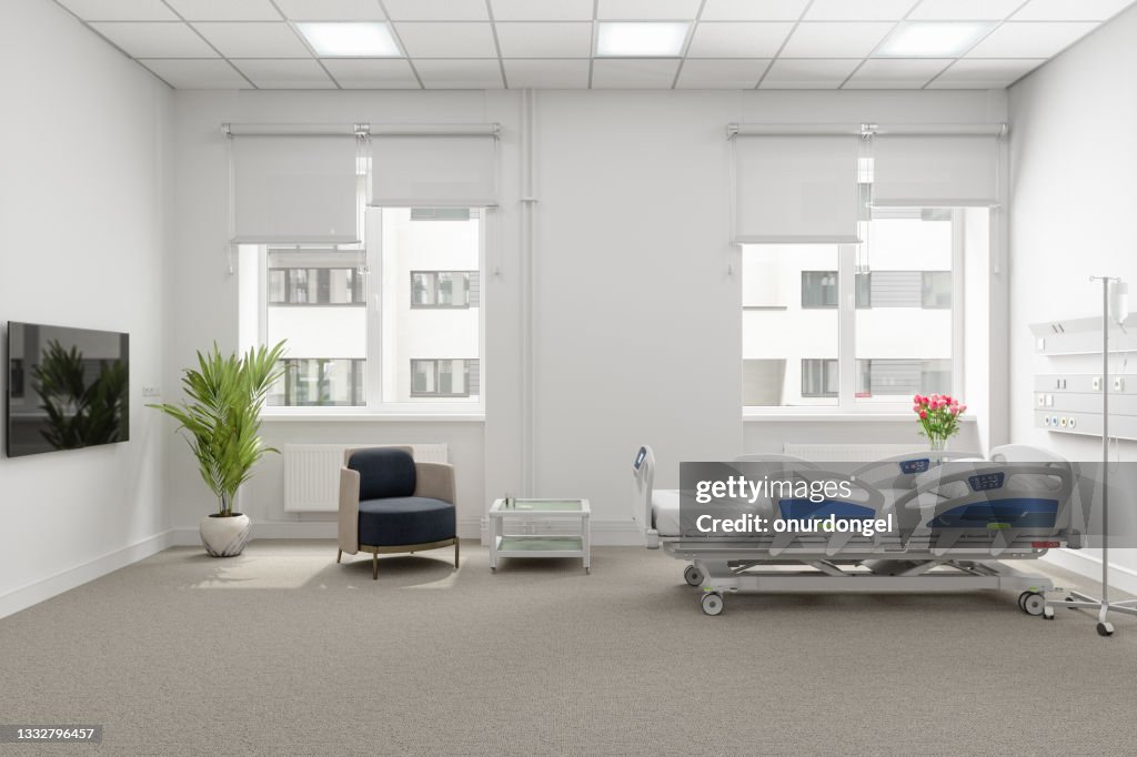 Modern Hospital Room Interior With Empty Bed, Armchair And Lcd Television