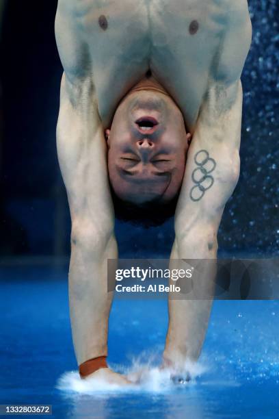 Thomas Daley of Team Great Britain competes in the Men's 10m Platform Final on day fifteen of the Tokyo 2020 Olympic Games at Tokyo Aquatics Centre...