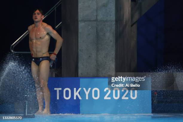 Thomas Daley of Team Great Britain looks on in the Men's 10m Platform Final on day fifteen of the Tokyo 2020 Olympic Games at Tokyo Aquatics Centre...