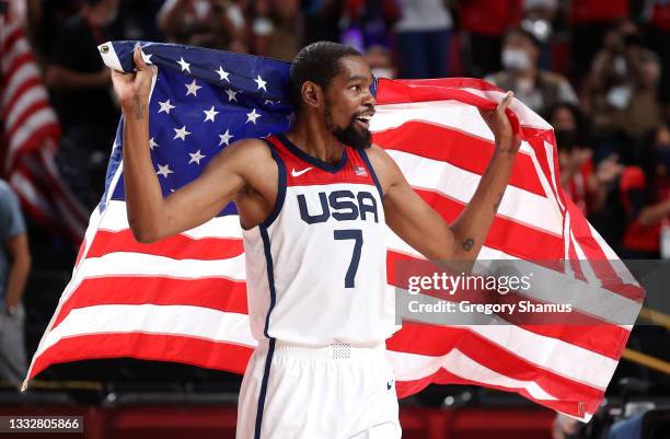 Kevin Durant of Team United States celebrates following the United States' victory over France in the Men's Basketball Finals game on day fifteen of...