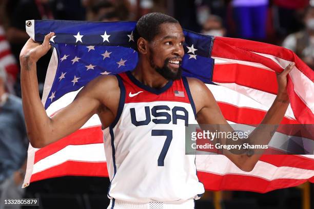 Kevin Durant of Team United States celebrates following the United States' victory over France in the Men's Basketball Finals game on day fifteen of...