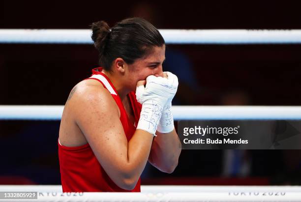 Busenaz Surmeneli of Team Turkey reacts to victory and winning a gold medal during the Women's Welter Final bout between Busenaz Surmeneli of Team...