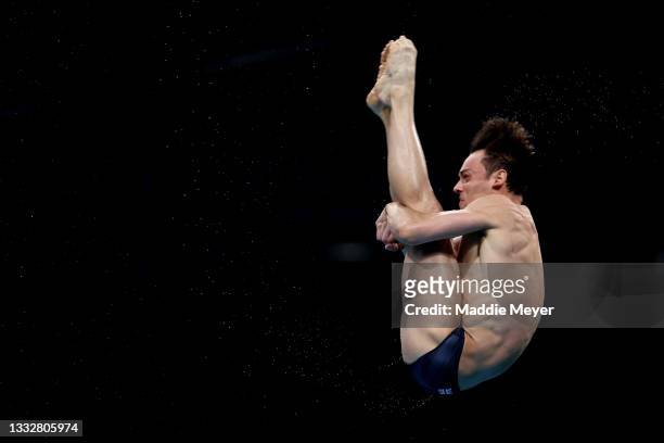 Thomas Daley of Team Great Britain competes in the Men's 10m Platform Final on day fifteen of the Tokyo 2020 Olympic Games at Tokyo Aquatics Centre...